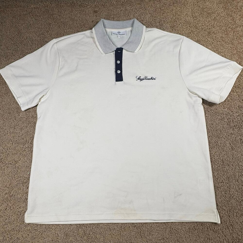 Sergio Tacchini Polo Shirt White Striped Collar Golf Casual Retro Tee Size XL